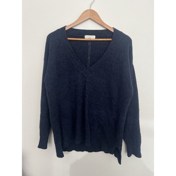 Maison Anje Navy V-Neck Sweater Scalloped Hem Eyelet Knit Pullover Baby Alpaca S - Picture 1 of 7